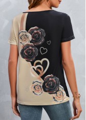 Black tops,Light Camel tops,Heart tops,Floral tops,Button Heart Print Black Scoop Neck T Shirt