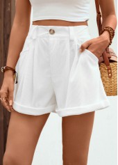 White bottoms,Plain Color bottoms,Pocket White Button Fly High Waisted Shorts