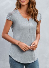Grey tops,Plain Color tops,Zipper Grey Round Neck Short Sleeve T Shirt