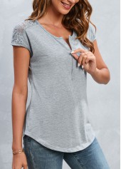 Grey tops,Plain Color tops,Zipper Grey Round Neck Short Sleeve T Shirt