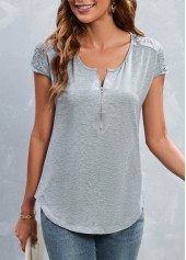 Grey tops,Plain Color tops,Zipper Grey Round Neck Short Sleeve T Shirt