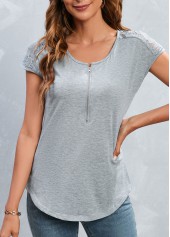 Zipper Grey Round Neck Short Sleeve T Shirt