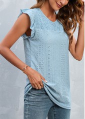 Light Blue tops,Plain Color tops,Smocked Light Blue Round Neck T Shirt