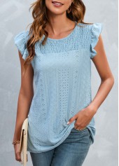 Smocked Light Blue Round Neck T Shirt