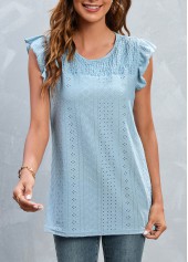 Light Blue tops,Plain Color tops,Smocked Light Blue Round Neck T Shirt