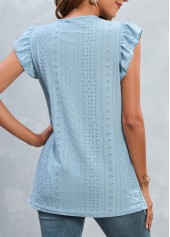 Light Blue tops,Plain Color tops,Smocked Light Blue Round Neck T Shirt