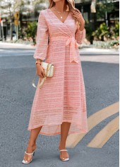 Lace Patchwork Light Pink Belted V Neck Dress