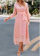 Light Pink dresses,Plain Color dresses,Lace Patchwork Light Pink Belted V Neck Dress