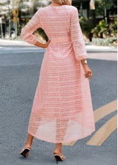 Light Pink dresses,Plain Color dresses,Lace Patchwork Light Pink Belted V Neck Dress