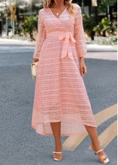 Light Pink dresses,Plain Color dresses,Lace Patchwork Light Pink Belted V Neck Dress