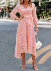 Light Pink dresses,Plain Color dresses,Lace Patchwork Light Pink Belted V Neck Dress