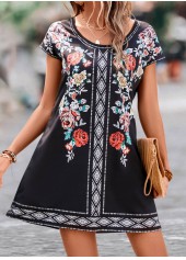 Black dresses,Floral dresses,Geometric dresses,Plants dresses,Lightweight Floral Print Black Short A Line Dress