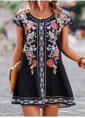 Black dresses,Floral dresses,Geometric dresses,Plants dresses,Lightweight Floral Print Black Short A Line Dress