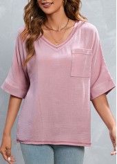 Pink tops,Plain Color tops,Pocket Pink V Neck Half Sleeve T Shirt
