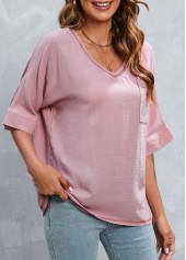 Pink tops,Plain Color tops,Pocket Pink V Neck Half Sleeve T Shirt