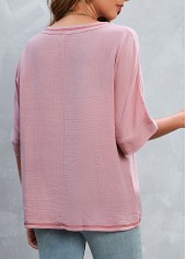 Pink tops,Plain Color tops,Pocket Pink V Neck Half Sleeve T Shirt