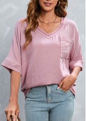 Pink tops,Plain Color tops,Pocket Pink V Neck Half Sleeve T Shirt