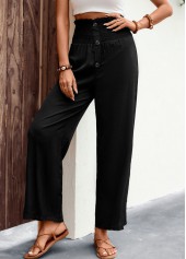 Black bottoms,Plain Color bottoms,Button Black Regular Elastic Waist High Waisted Pants