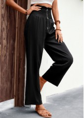 Black bottoms,Plain Color bottoms,Button Black Regular Elastic Waist High Waisted Pants