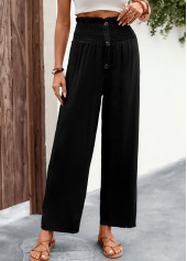 Button Black Regular Elastic Waist High Waisted Pants