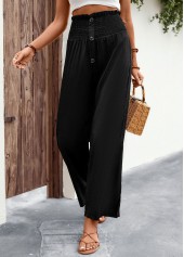 Black bottoms,Plain Color bottoms,Button Black Regular Elastic Waist High Waisted Pants