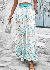 Mint Green bottoms,White bottoms,Plants bottoms,Smocked Leaf Print Mint Green Elastic Waist Pants