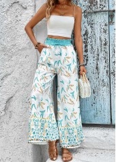 Mint Green bottoms,White bottoms,Plants bottoms,Smocked Leaf Print Mint Green Elastic Waist Pants