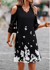 Black dresses,Floral dresses,Mesh Floral Print Black Short A Line Dress