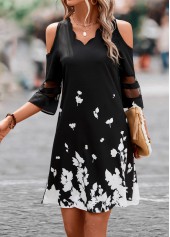 Black dresses,Floral dresses,Mesh Floral Print Black Short A Line Dress