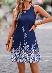 Navy dresses,Plants dresses,Cut Out Leaf Print Navy Dress