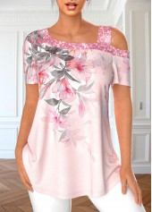 ROTITA Sequin Floral Print Light Pink T Shirt