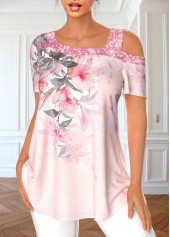 Light Pink tops,Floral tops,Ombre tops,Plants tops,ROTITA Sequin Floral Print Light Pink T Shirt