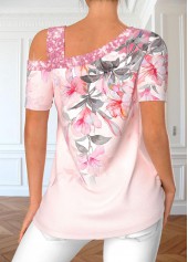 Light Pink tops,Floral tops,Ombre tops,Plants tops,ROTITA Sequin Floral Print Light Pink T Shirt