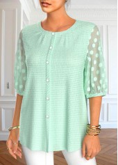 Mint Green tops,Plain Color tops,ROTITA Mesh Mint Green Round Neck Half Sleeve Blouse