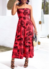 Rotes Bandeau-Maxikleid mit Blätterprint und Regenschirmsaum