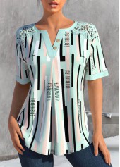 ROTITA Chemisier à manches courtes et col fendu vert à rayures en dentelle