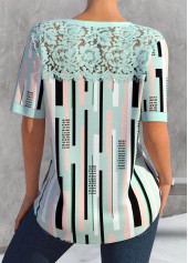 Green tops,Striped tops,ROTITA Lace Striped Green Split Neck Short Sleeve Blouse