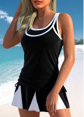 Black swimwear,Contrast Color swimwear,ROTITA Contrast Binding Drawstring Black Tankini Top