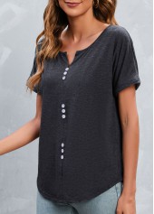 Dark Grey tops,Plain Color tops,Button Dark Grey Split Neck T Shirt