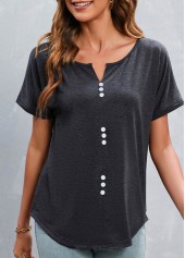 Dark Grey tops,Plain Color tops,Button Dark Grey Split Neck T Shirt