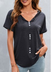 Dark Grey tops,Plain Color tops,Button Dark Grey Split Neck T Shirt