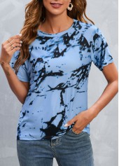 Blue tops,Tie Dye tops,Tie Dye Print Blue Round Neck T Shirt