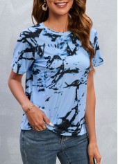 Blue tops,Tie Dye tops,Tie Dye Print Blue Round Neck T Shirt