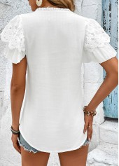 White tops,Plain Color tops,Lace Patchwork White Split Neck T Shirt
