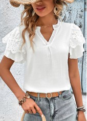 White tops,Plain Color tops,Lace Patchwork White Split Neck T Shirt