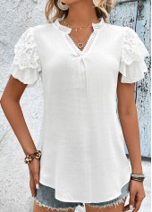 White tops,Plain Color tops,Lace Patchwork White Split Neck T Shirt