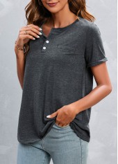 Dark Grey Marl tops,Plain Color tops,Button Dark Grey Marl Round Neck T Shirt