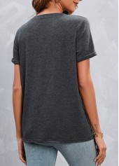 Dark Grey Marl tops,Plain Color tops,Button Dark Grey Marl Round Neck T Shirt