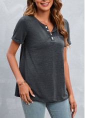 Dark Grey Marl tops,Plain Color tops,Button Dark Grey Marl Round Neck T Shirt