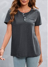 Dark Grey Marl tops,Plain Color tops,Button Dark Grey Marl Round Neck T Shirt